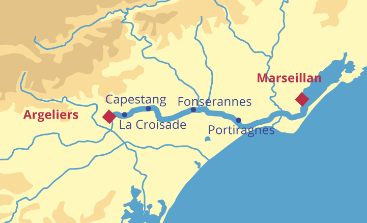 Map showing French canal route from Argeliers to Marseillan