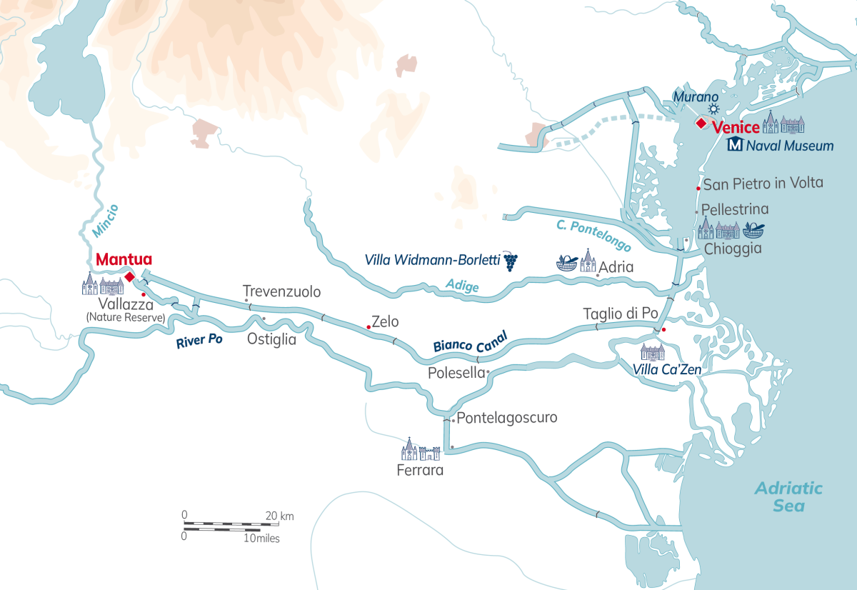 Cruise map: La Bella Vita, Venice to Mantua by the Venetian Lagoon, the Po and the Bianco Canal