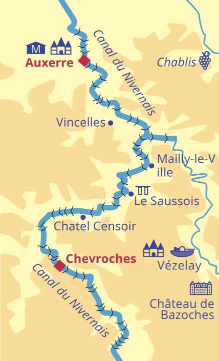 Cruise map: Papillon, Nivernais Canal, Auxerre to Chevroches