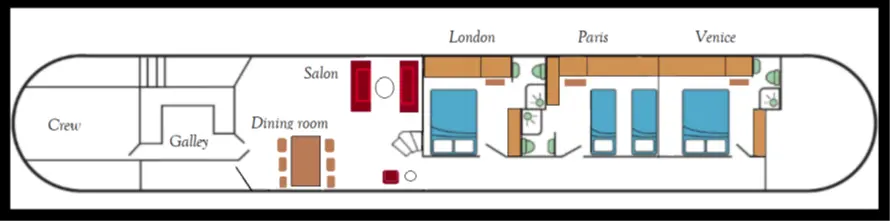 Elegance deck plan: saloon, dining area, sundeck and the three suites