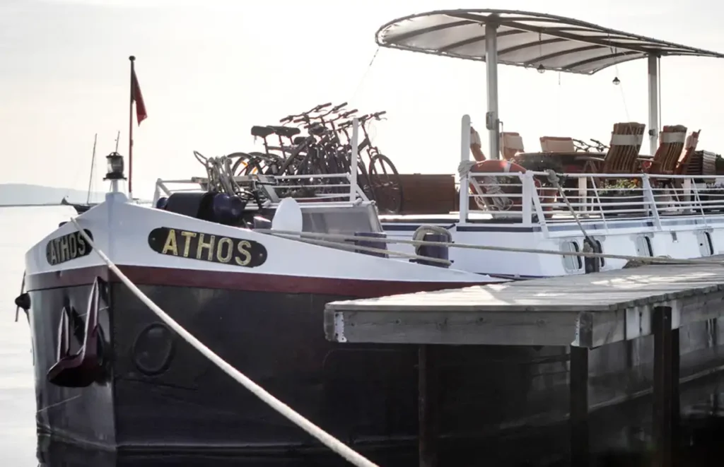 The barge Athos at her berth on the Canal du Midi