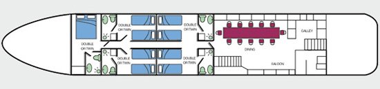 Floor plan of French canal barge with cabins and dining area