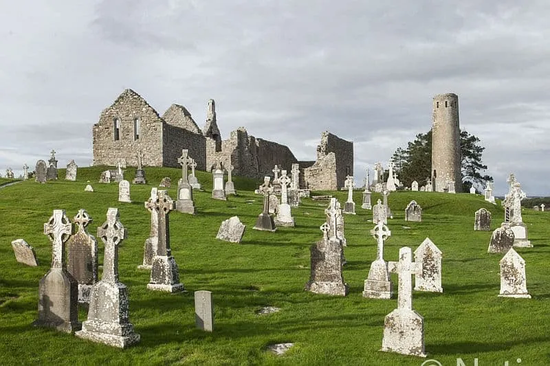 The 6th century monastic ruins at Clonmacnoise on the River Shannon