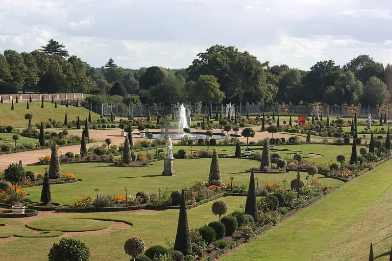 Formal European garden with fountain and topiary