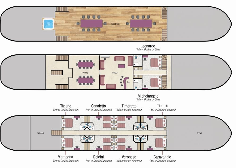 La Bella Vita deck plan: two upper-deck junior suites, eight lower-deck staterooms, saloon, dining room and sun deck