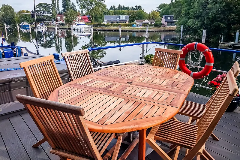 The outdoor table on the deck of Magna Carta