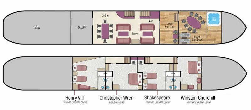 Magna Carta deck plan: four twin or double suites, saloon and dining area, and outside deck with heated spa pool