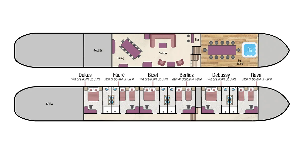 Panache deck plan: six junior suites, saloon, separate dining room, and sun deck with spa pool