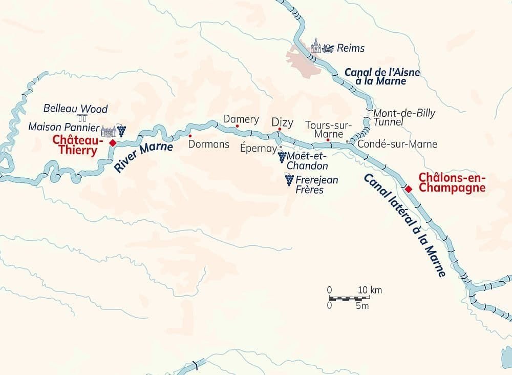 Champagne route map: the River Marne and the Canal lateral a la Marne
