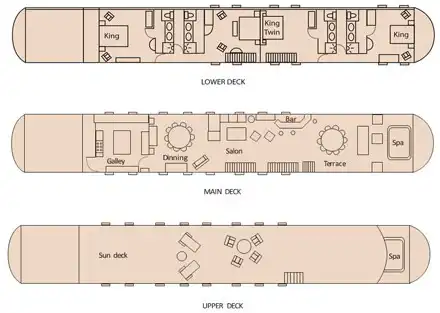 Aurora deck plan showing four guest staterooms, salon, dining area, terrace, and deck