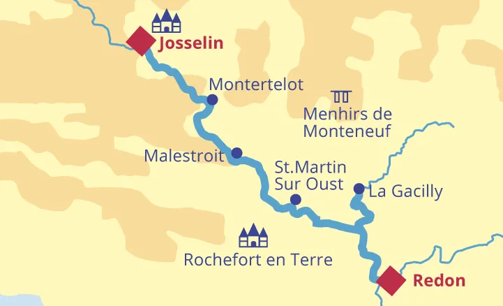 Cruise map: Nymphea, Redon to Josselin on the Nantes à Brest Canal