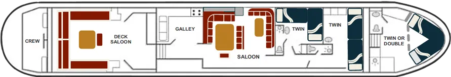 Nymphea deck plan showing three staterooms, sitting room, dining room, and deck