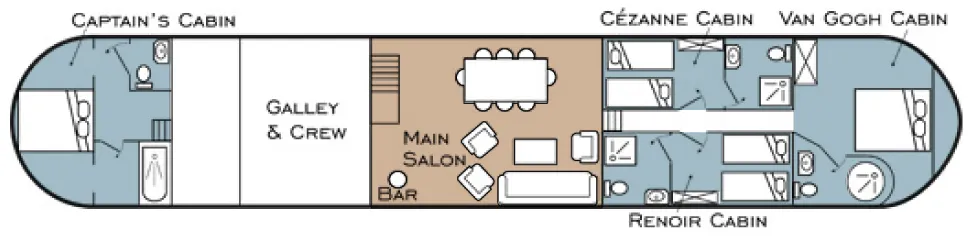Tango deck plan: four ensuite cabins, salon, dining terrace, deck spa, and wheelhouse